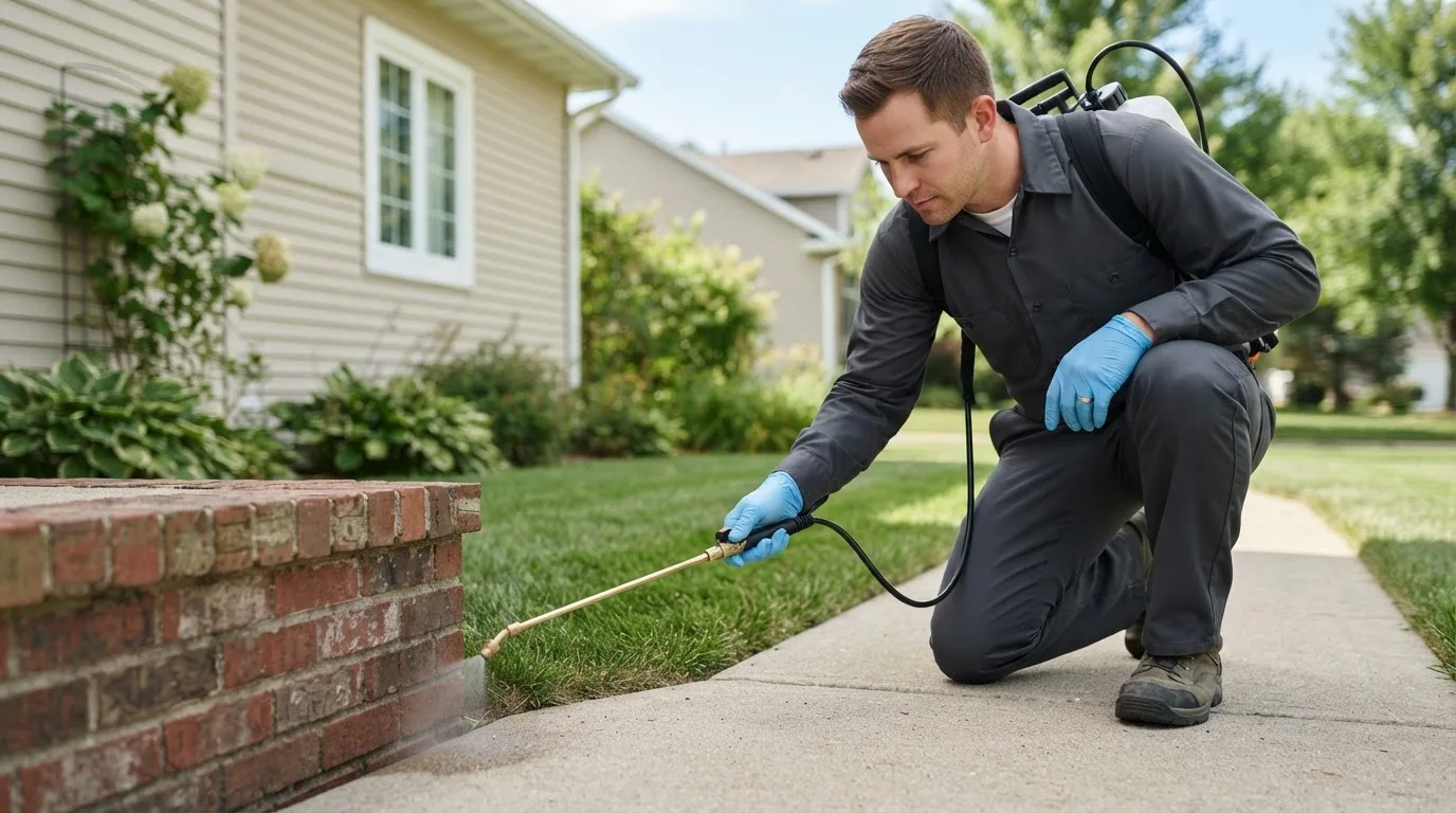 Pest control technician treating a home near Buffalo, IN